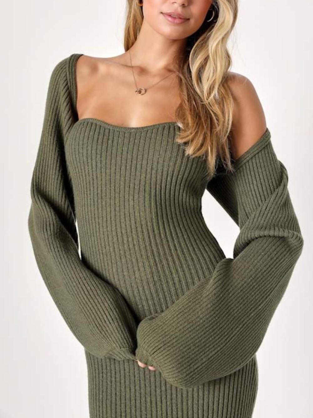 Lulus Autumn Aura Olive Green Ribbed Two-piece Sweater Dress - Size M